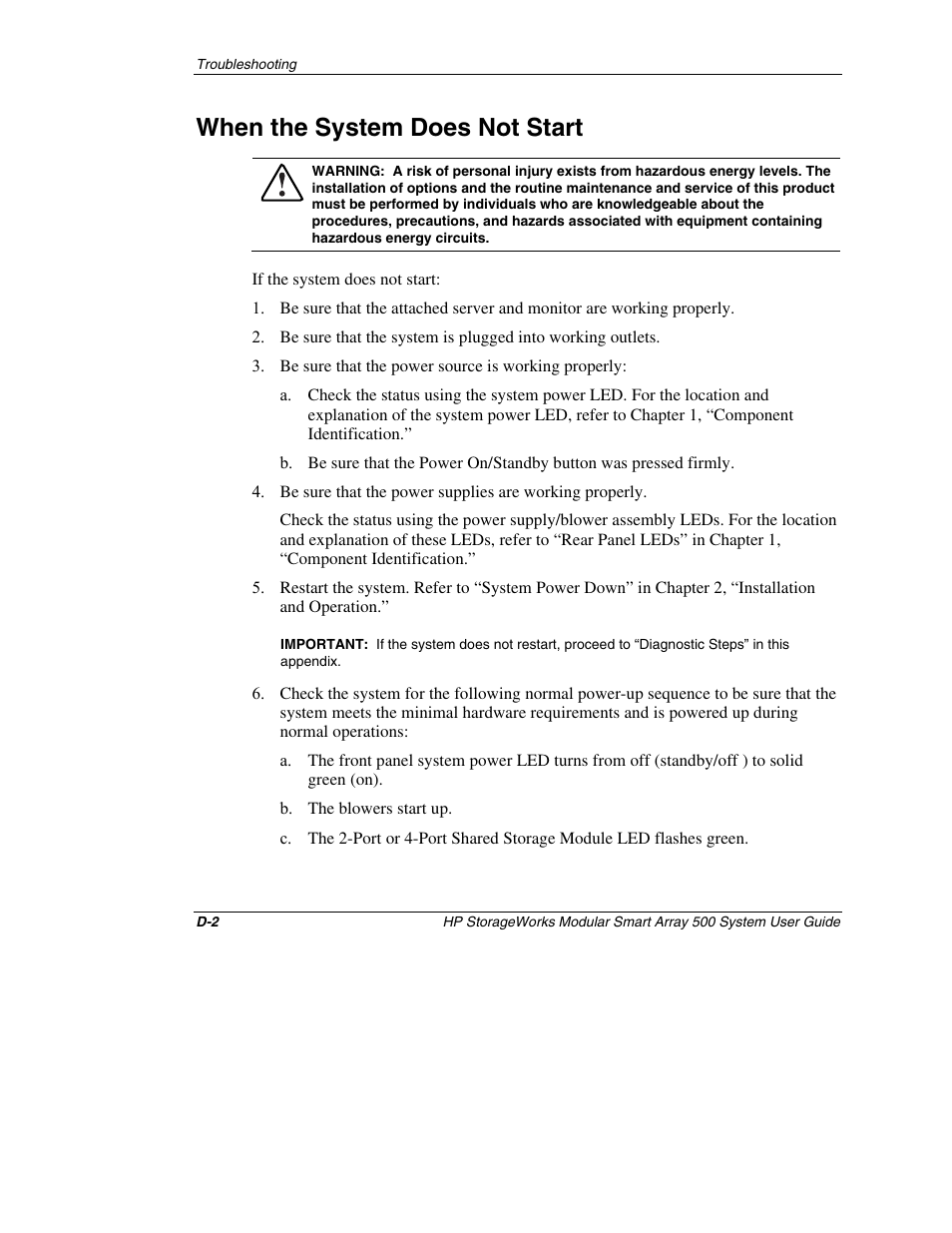 When the system does not start | HP StorageWorks 500 Modular Smart Array User Manual | Page 135 / 157