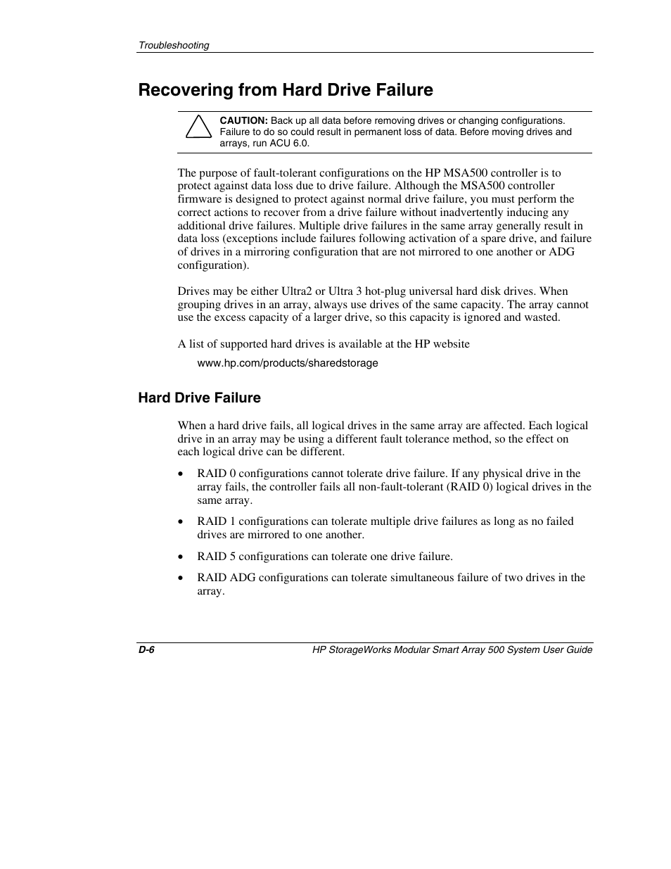 Recovering from hard drive failure, Hard drive failure | HP StorageWorks 500 Modular Smart Array User Manual | Page 139 / 157