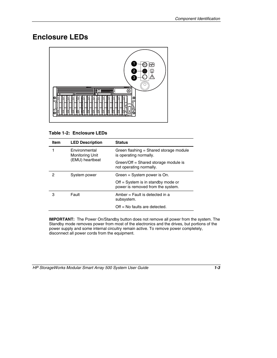 Enclosure leds, Enclosure leds -3 | HP StorageWorks 500 Modular Smart Array User Manual | Page 14 / 157