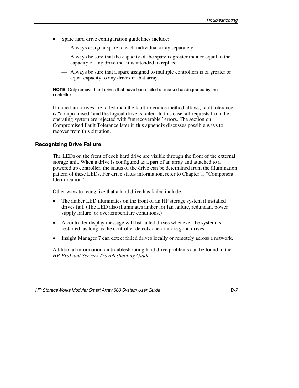 Recognizing drive failure | HP StorageWorks 500 Modular Smart Array User Manual | Page 140 / 157