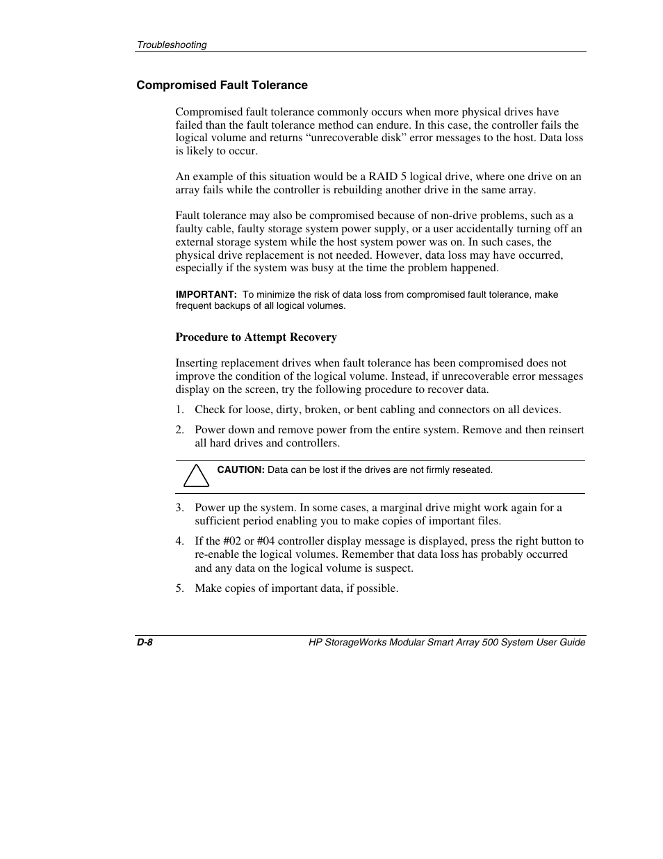 Compromised fault tolerance | HP StorageWorks 500 Modular Smart Array User Manual | Page 141 / 157