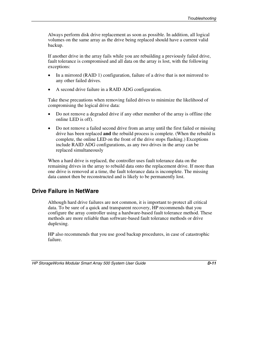 Drive failure in netware | HP StorageWorks 500 Modular Smart Array User Manual | Page 144 / 157