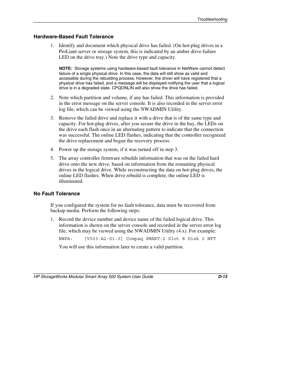 Hardware-based fault tolerance, No fault tolerance | HP StorageWorks 500 Modular Smart Array User Manual | Page 146 / 157
