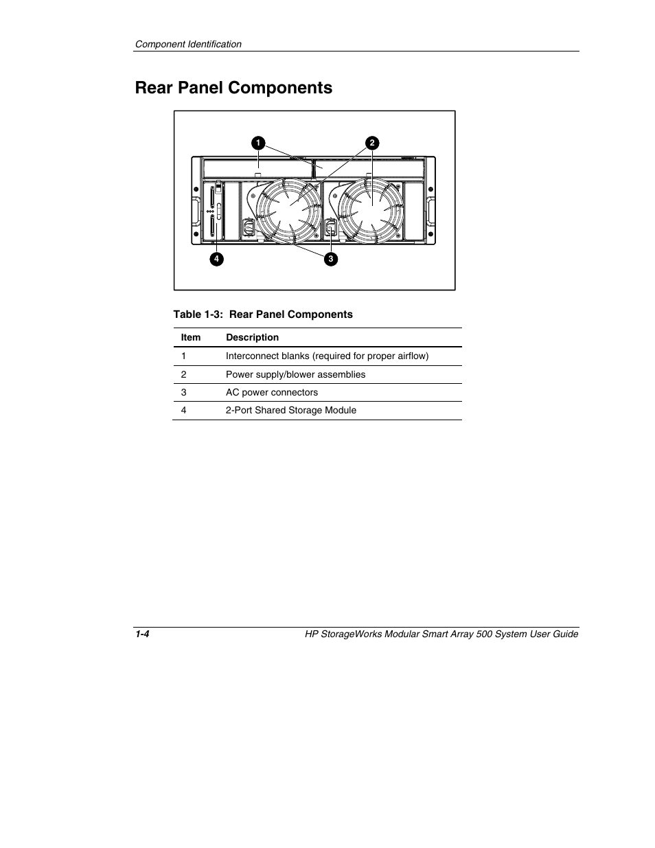 Rear panel components, Rear panel components -4 | HP StorageWorks 500 Modular Smart Array User Manual | Page 15 / 157