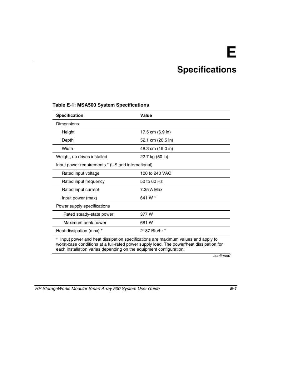 Appendix e: specifications, Appendix e, Specifications | HP StorageWorks 500 Modular Smart Array User Manual | Page 150 / 157