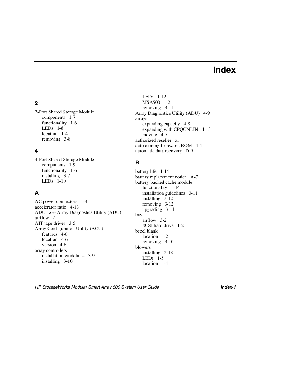 Index | HP StorageWorks 500 Modular Smart Array User Manual | Page 152 / 157