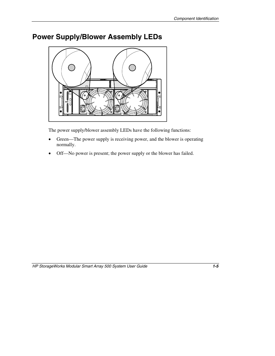Power supply/blower assembly leds, Power supply/blower assembly leds -5 | HP StorageWorks 500 Modular Smart Array User Manual | Page 16 / 157