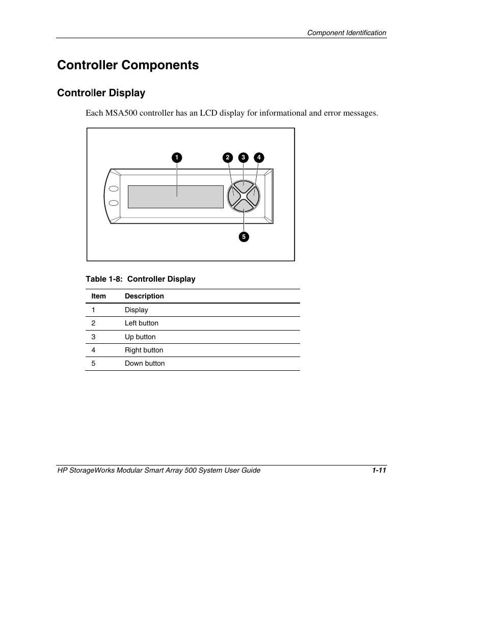 Controller components, Controller display, Controller components -11 | Controller display -11, Contro l ler display | HP StorageWorks 500 Modular Smart Array User Manual | Page 22 / 157