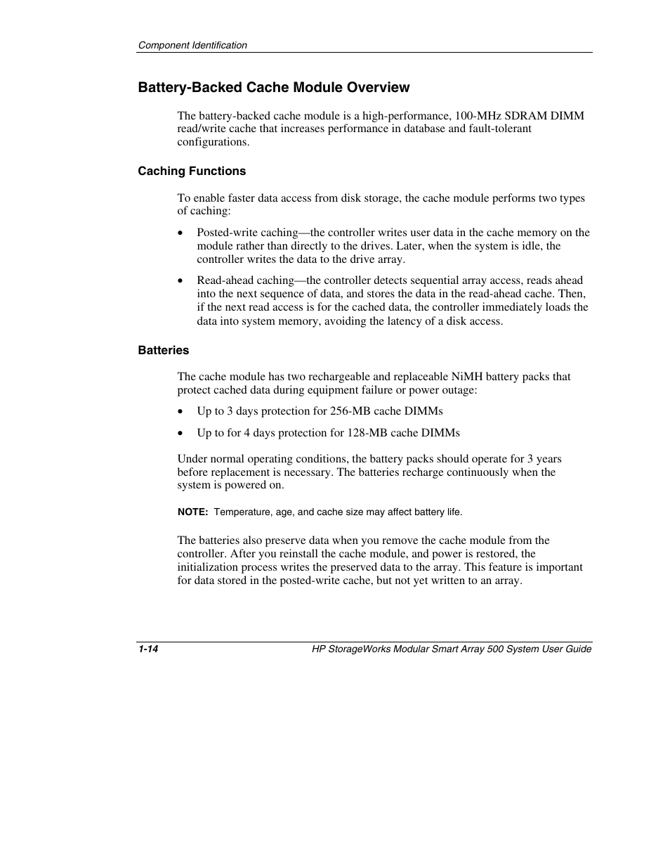 Battery-backed cache module overview, Caching functions, Batteries | Battery-backed cache module overview -14 | HP StorageWorks 500 Modular Smart Array User Manual | Page 25 / 157