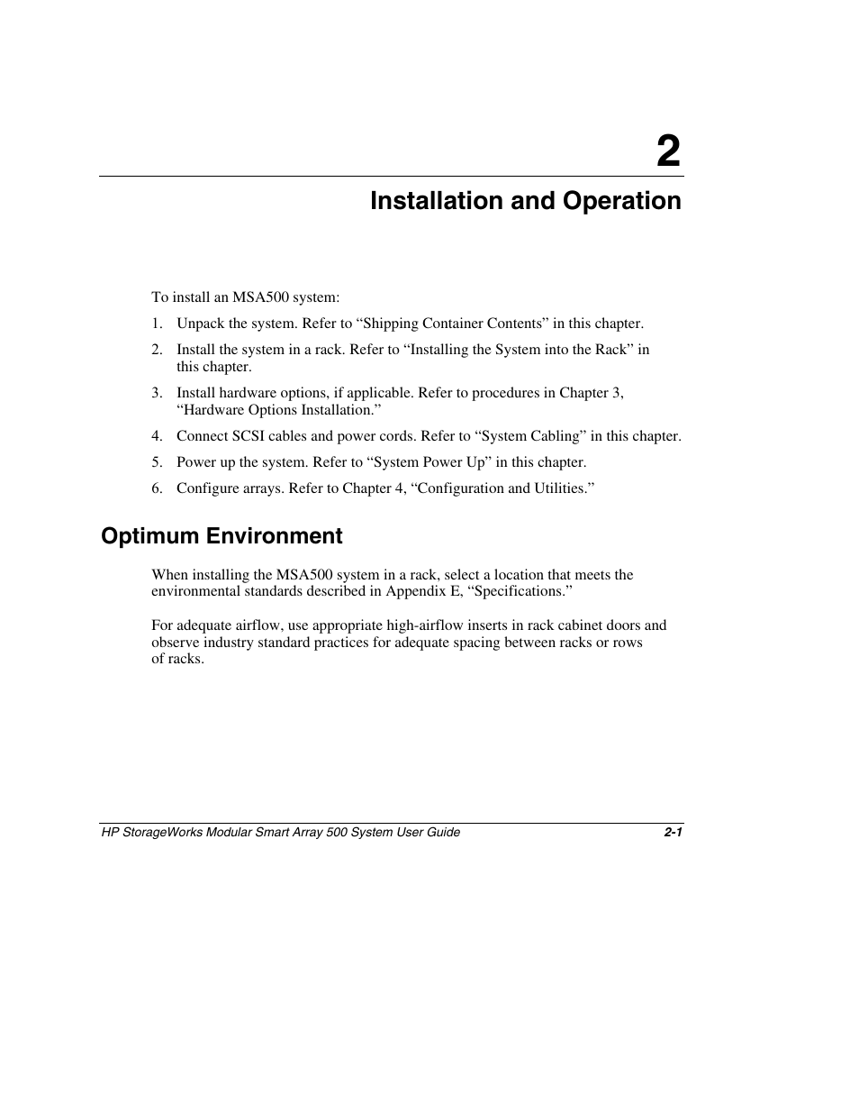 Chapter 2: installation and operation, Optimum environment, Chapter 2 | Installation and operation, Optimum environment -1 | HP StorageWorks 500 Modular Smart Array User Manual | Page 29 / 157