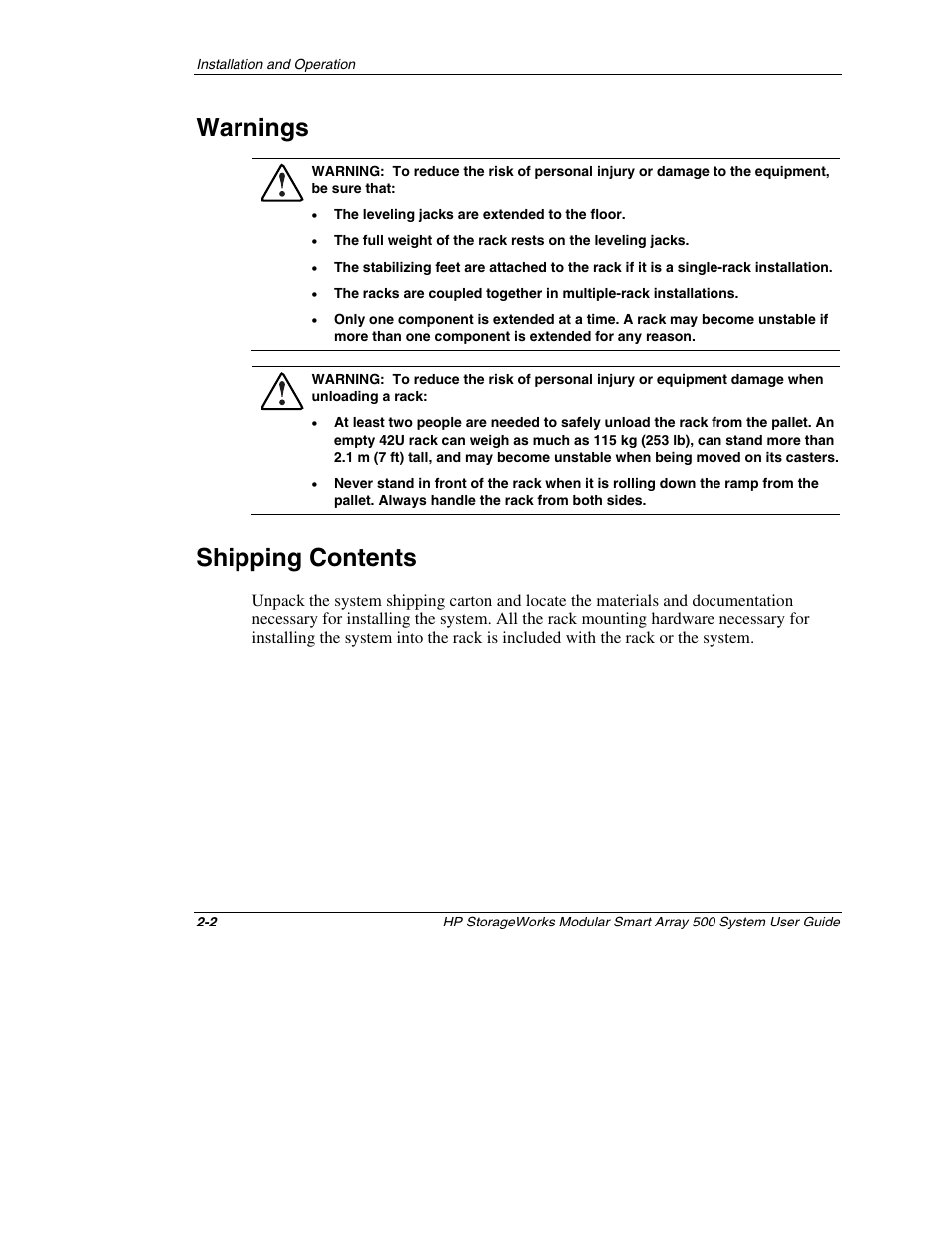 Warnings, Shipping contents, Warnings -2 | Shipping contents -2 | HP StorageWorks 500 Modular Smart Array User Manual | Page 30 / 157