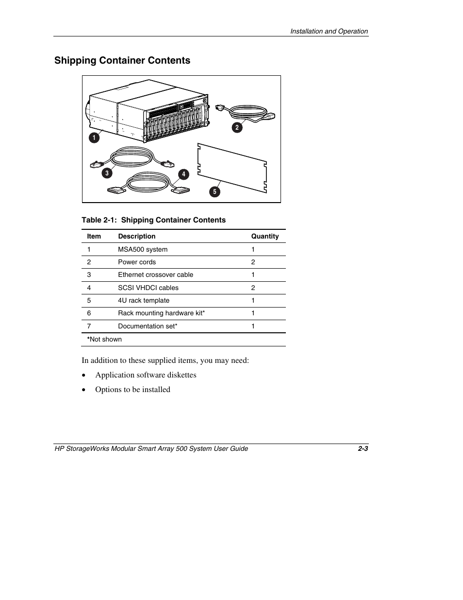 Shipping container contents, Shipping container contents -3 | HP StorageWorks 500 Modular Smart Array User Manual | Page 31 / 157