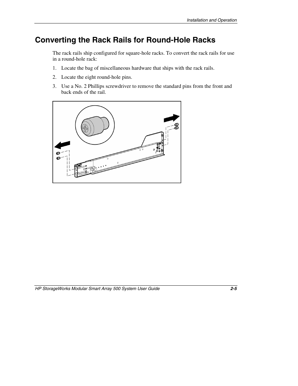Converting the rack rails for round-hole racks, Converting the rack rails for round-hole racks -5 | HP StorageWorks 500 Modular Smart Array User Manual | Page 33 / 157