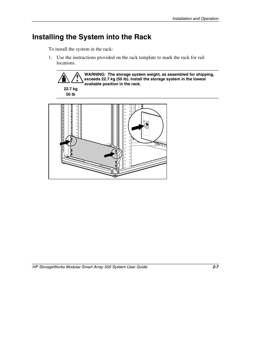 Installing the system into the rack, Installing the system into the rack -7 | HP StorageWorks 500 Modular Smart Array User Manual | Page 35 / 157