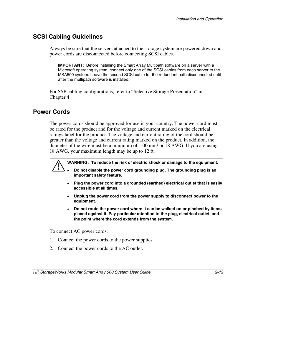 Scsi cabling guidelines, Power cords, Scsi cabling guidelines -13 | Power cords -13 | HP StorageWorks 500 Modular Smart Array User Manual | Page 41 / 157