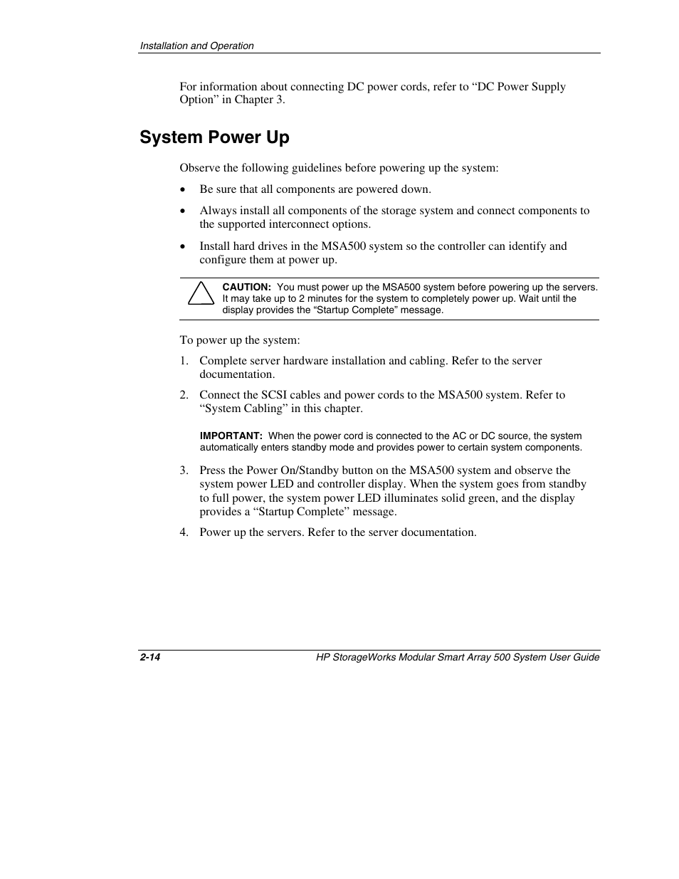 System power up, System power up -14 | HP StorageWorks 500 Modular Smart Array User Manual | Page 42 / 157