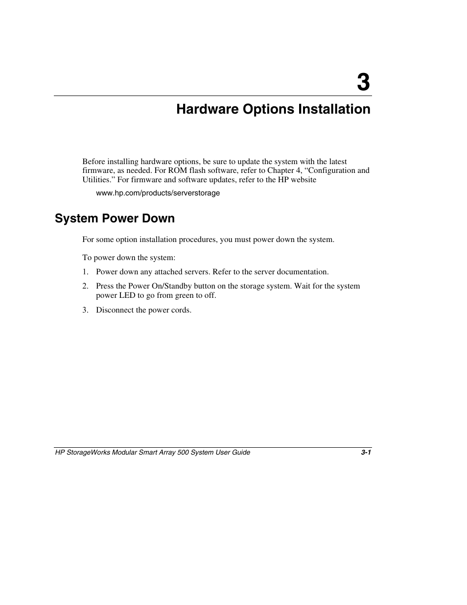 Chapter 3: hardware options installation, System power down, Chapter 3 | Hardware options installation, System power down -1 | HP StorageWorks 500 Modular Smart Array User Manual | Page 45 / 157