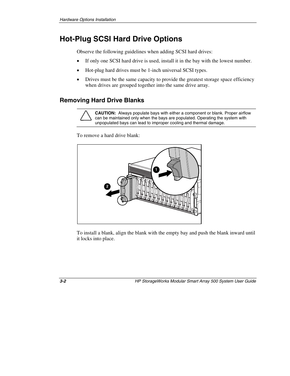 Hot-plug scsi hard drive options, Removing hard drive blanks, Hot-plug scsi hard drive options -2 | Removing hard drive blanks -2 | HP StorageWorks 500 Modular Smart Array User Manual | Page 46 / 157