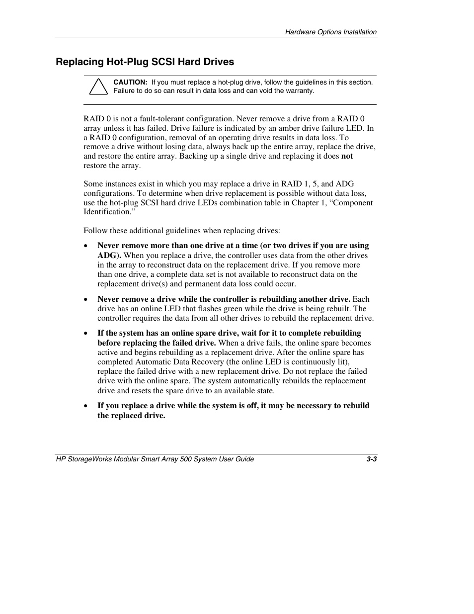 Replacing hot-plug scsi hard drives, Replacing hot-plug scsi hard drives -3 | HP StorageWorks 500 Modular Smart Array User Manual | Page 47 / 157