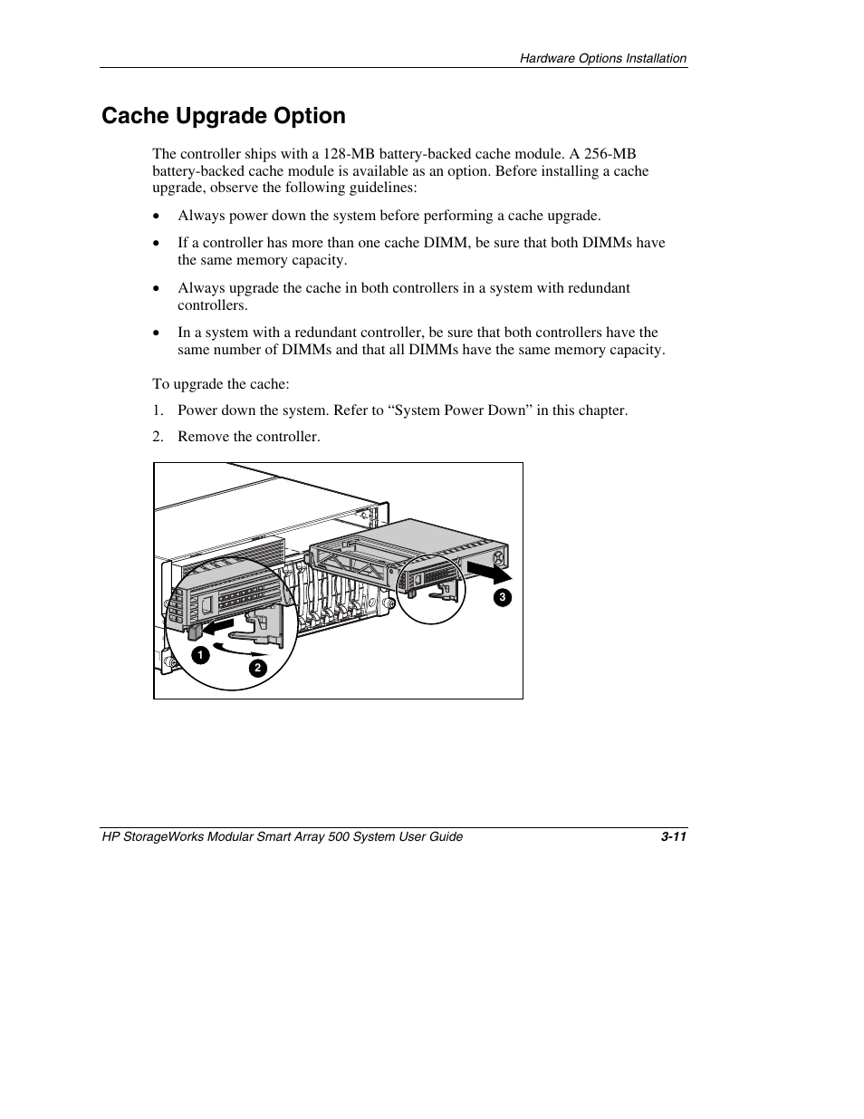 Cache upgrade option, Cache upgrade option -11 | HP StorageWorks 500 Modular Smart Array User Manual | Page 55 / 157