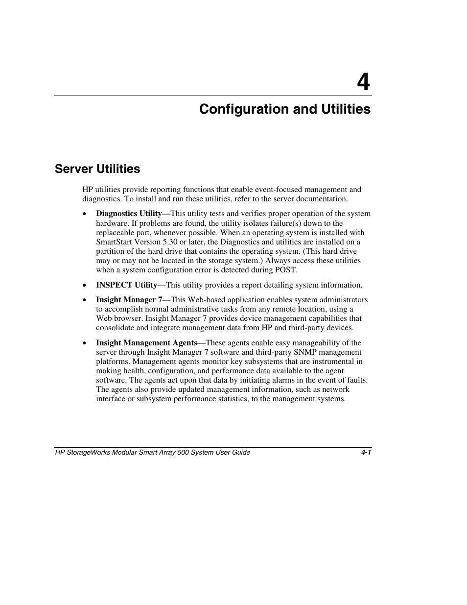 Chapter 4: configuration and utilities, Server utilities, Chapter 4 | Configuration and utilities, Server utilities -1 | HP StorageWorks 500 Modular Smart Array User Manual | Page 64 / 157