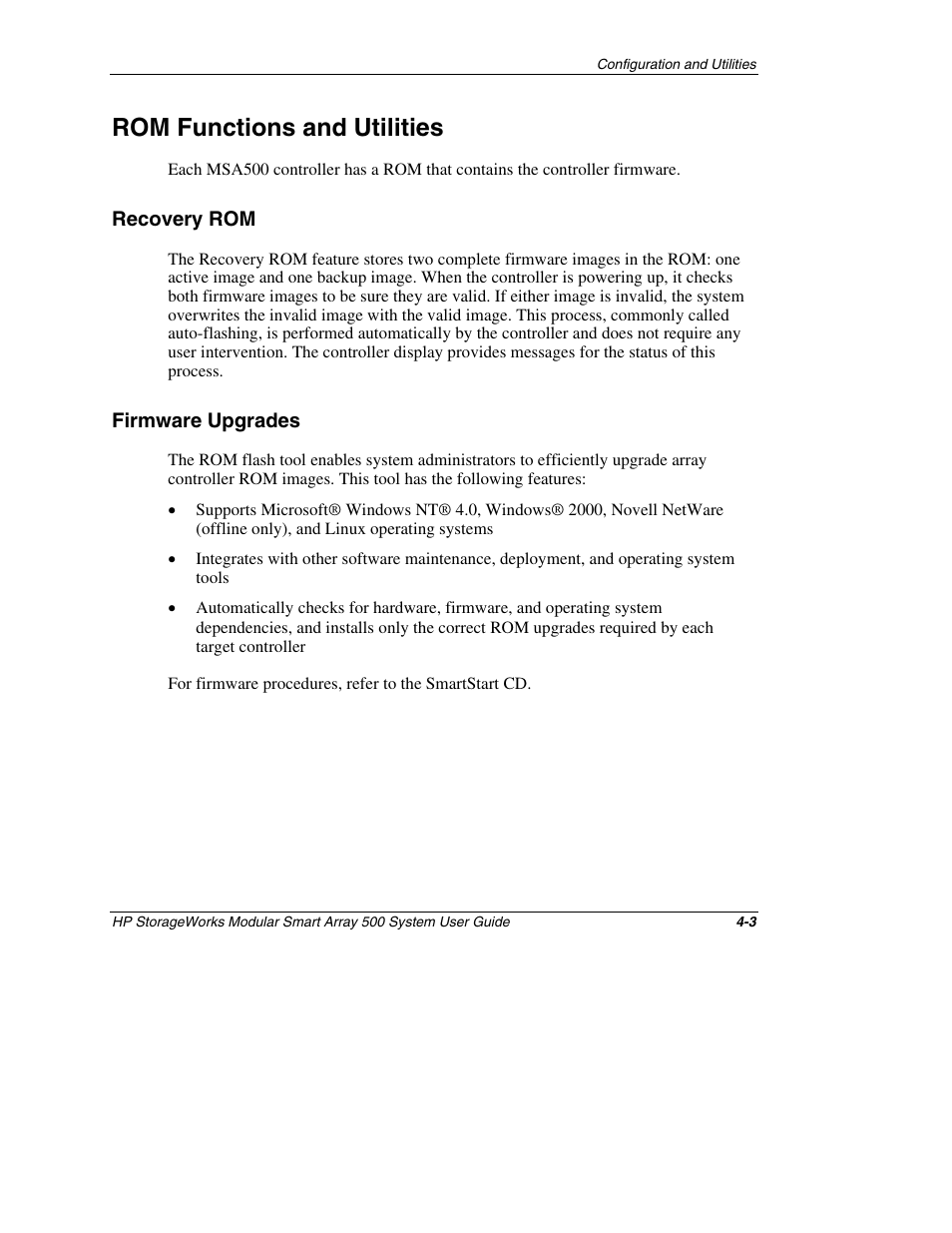 Rom functions and utilities, Recovery rom, Firmware upgrades | Rom functions and utilities -3, Recovery rom -3, Firmware upgrades -3 | HP StorageWorks 500 Modular Smart Array User Manual | Page 66 / 157