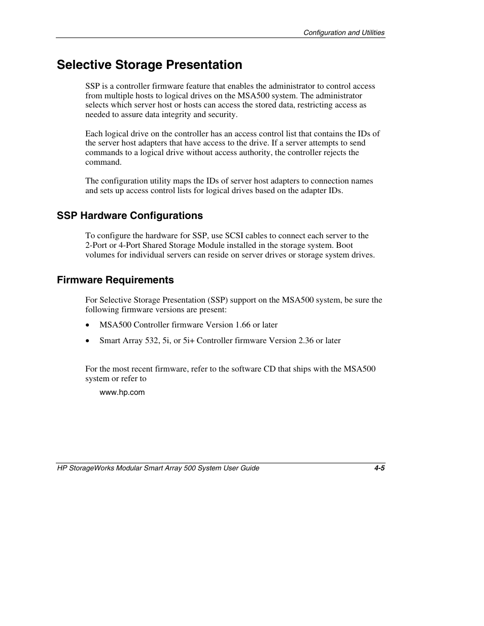 Selective storage presentation, Ssp hardware configurations, Firmware requirements | Selective storage presentation -5, Ssp hardware configurations -5, Firmware requirements -5 | HP StorageWorks 500 Modular Smart Array User Manual | Page 68 / 157