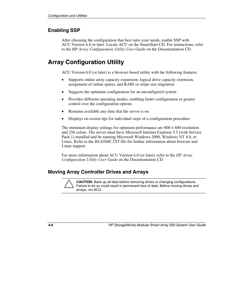 Enabling ssp, Array configuration utility, Moving array controller drives and arrays | Enabling ssp -6, Array configuration utility -6, Moving array controller drives and arrays -6 | HP StorageWorks 500 Modular Smart Array User Manual | Page 69 / 157