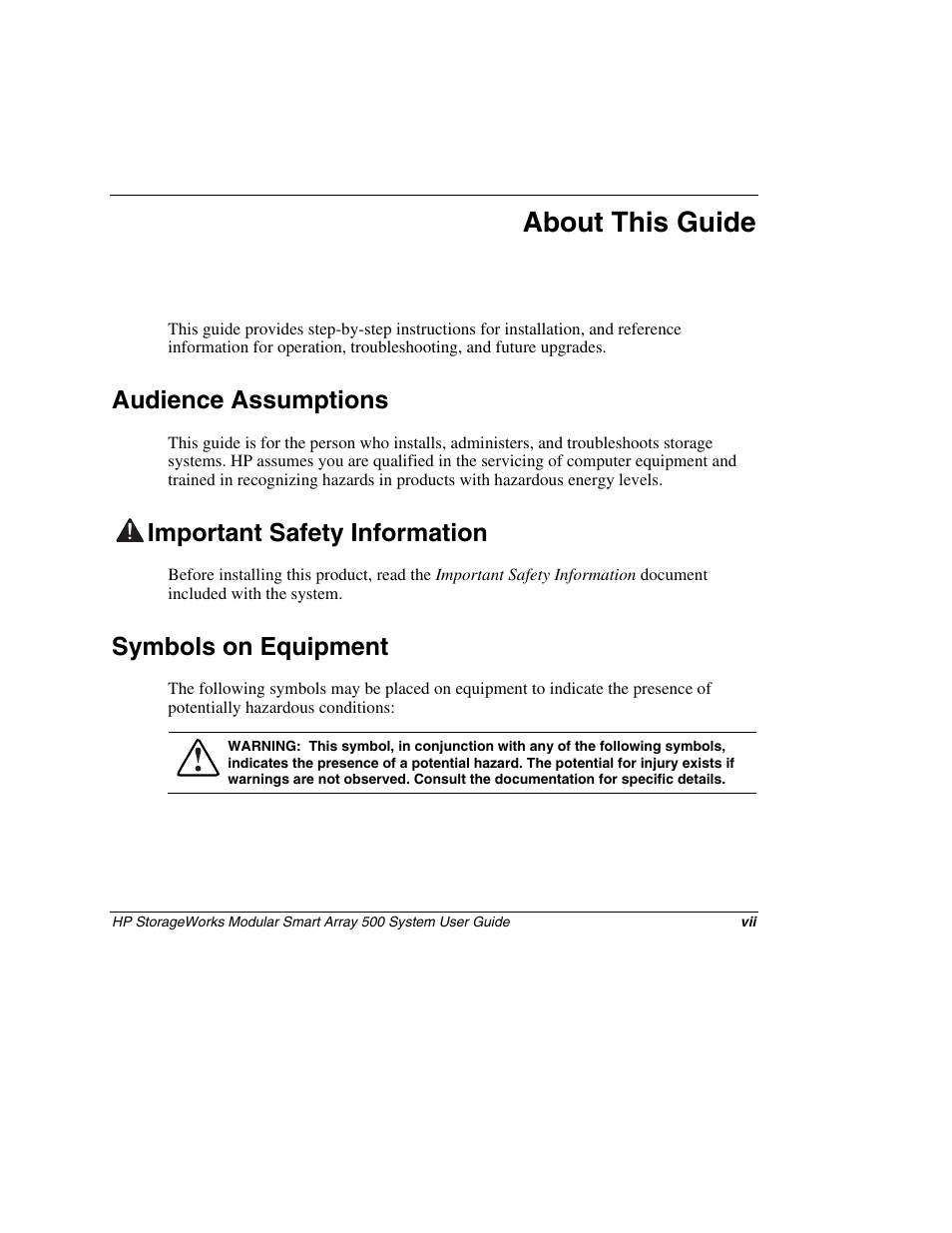 About this guide, Audience assumptions, Important safety information | Symbols on equipment | HP StorageWorks 500 Modular Smart Array User Manual | Page 7 / 157