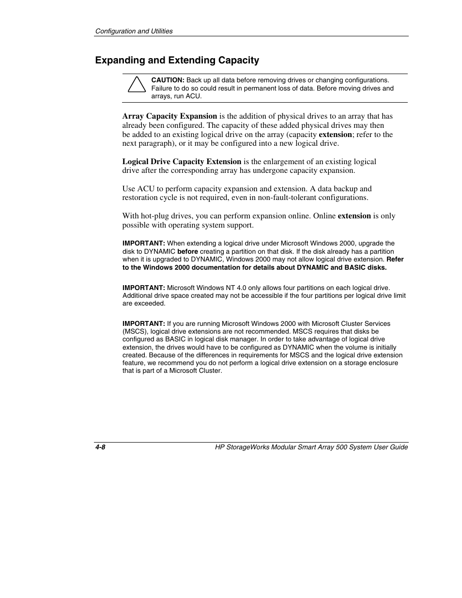 Expanding and extending capacity, Expanding and extending capacity -8 | HP StorageWorks 500 Modular Smart Array User Manual | Page 71 / 157