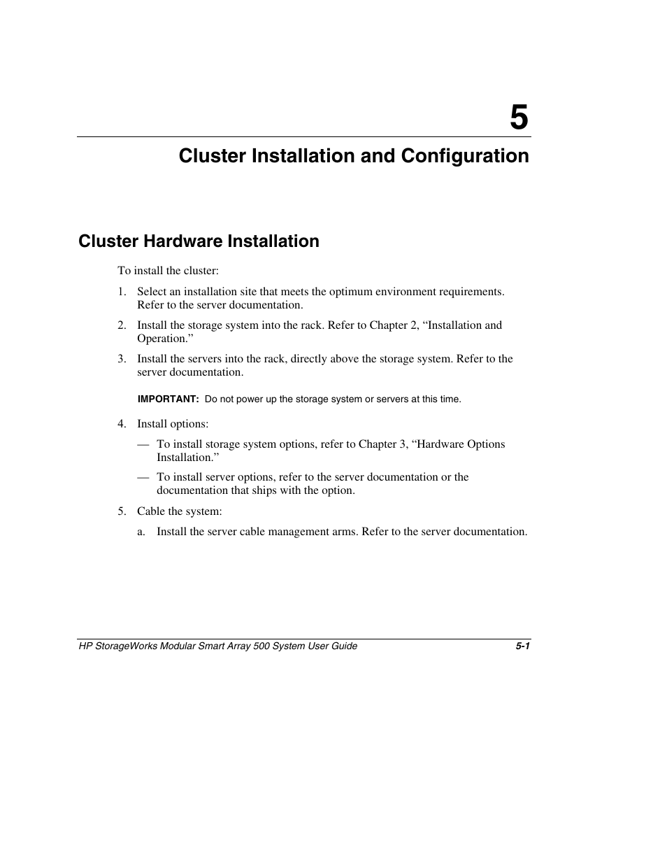 Chapter 5: cluster installation and configuration, Cluster hardware installation, Chapter 5 | Cluster installation and configuration, Cluster hardware installation -1 | HP StorageWorks 500 Modular Smart Array User Manual | Page 81 / 157