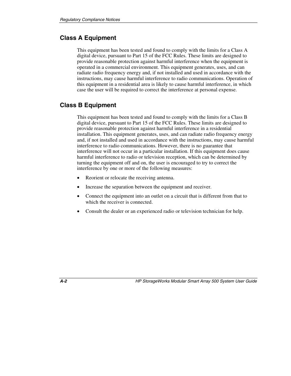 Class a equipment, Class b equipment | HP StorageWorks 500 Modular Smart Array User Manual | Page 84 / 157