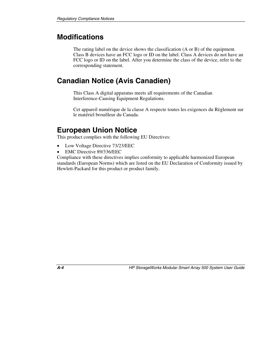 Modifications, Canadian notice (avis canadien), European union notice | HP StorageWorks 500 Modular Smart Array User Manual | Page 86 / 157