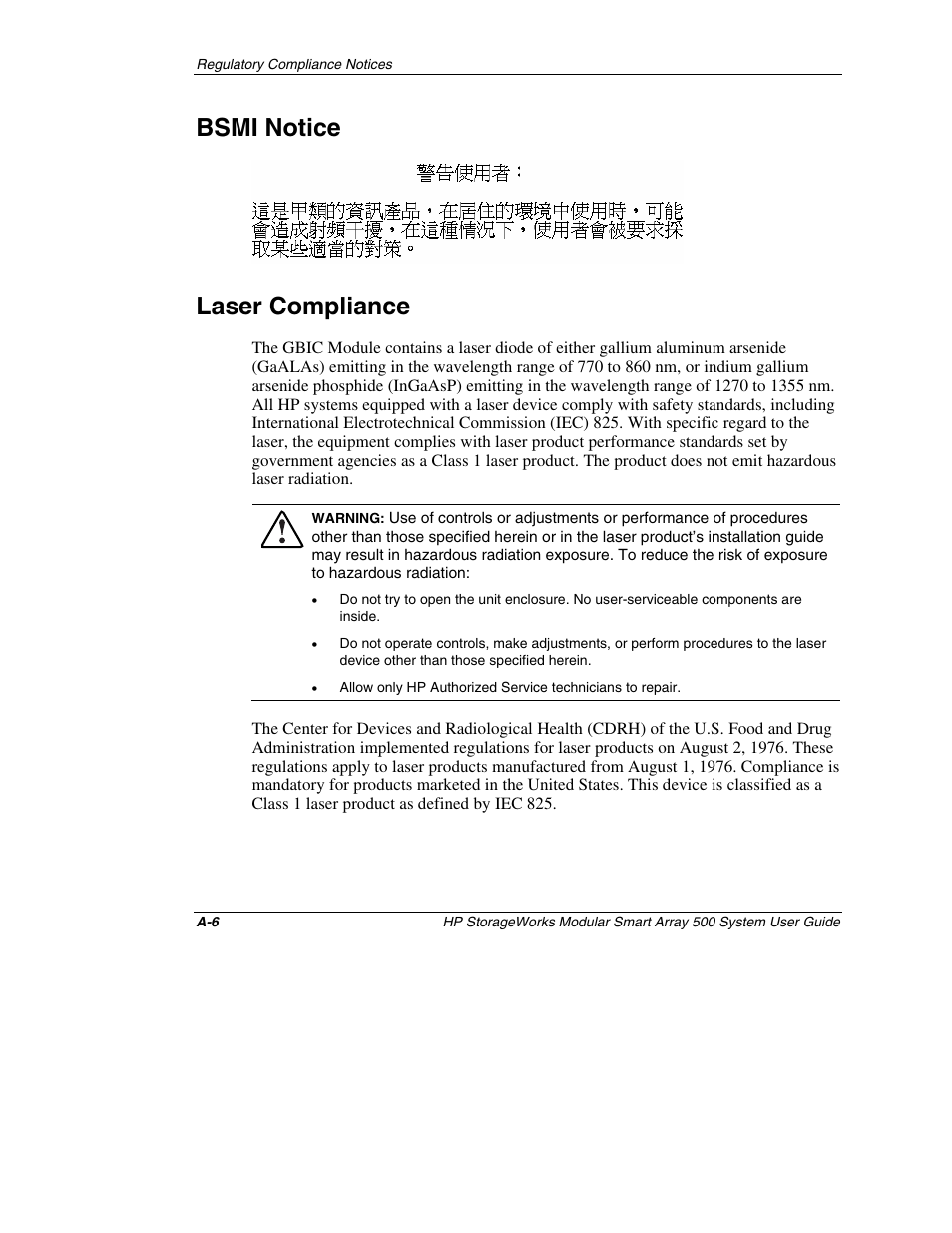 Bsmi notice, Laser compliance | HP StorageWorks 500 Modular Smart Array User Manual | Page 88 / 157