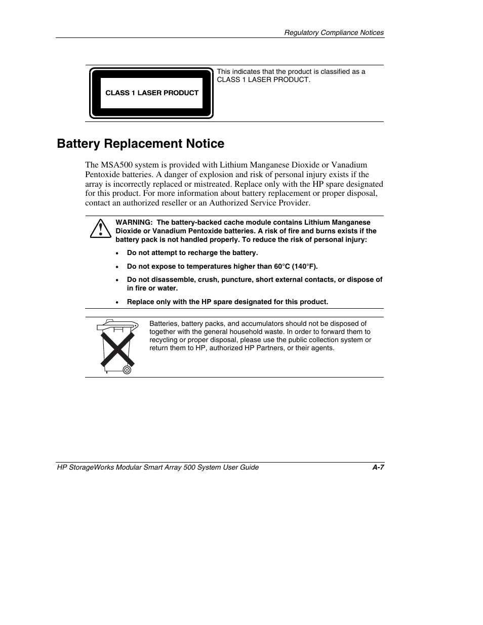 Battery replacement notice | HP StorageWorks 500 Modular Smart Array User Manual | Page 89 / 157