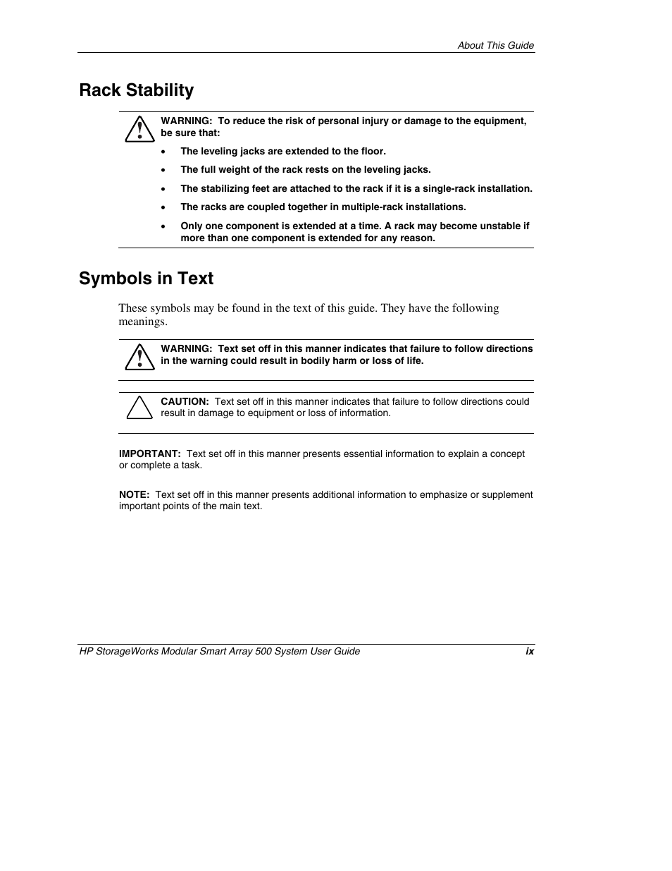 Rack stability, Symbols in text | HP StorageWorks 500 Modular Smart Array User Manual | Page 9 / 157