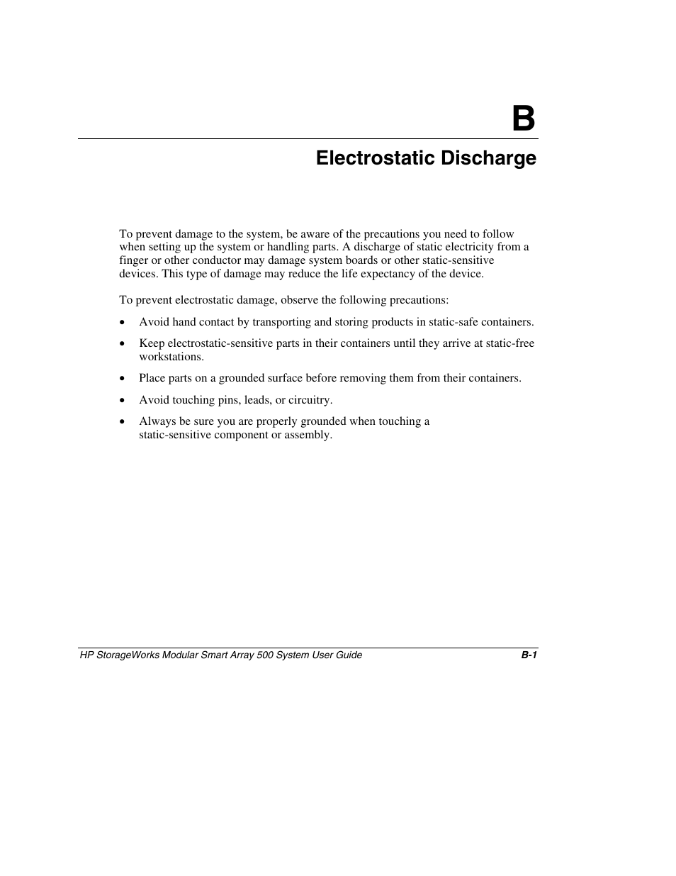 Appendix b: electrostatic discharge, Appendix b, Electrostatic discharge | HP StorageWorks 500 Modular Smart Array User Manual | Page 91 / 157
