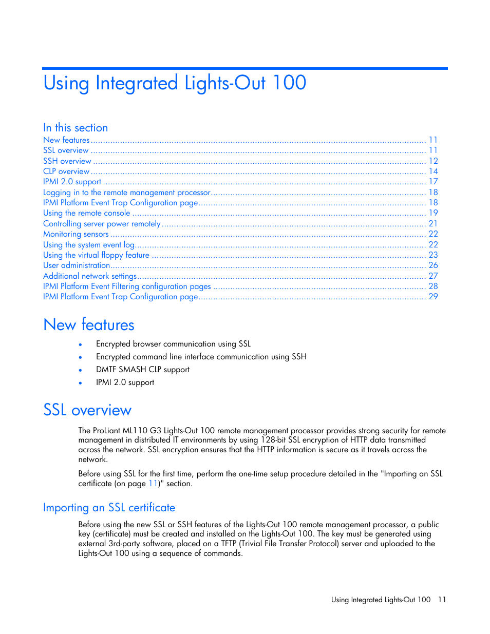 Using integrated lights-out 100, New features, Ssl overview | Importing an ssl certificate | HP Lights-Out 100 Remote Management User Manual | Page 11 / 34