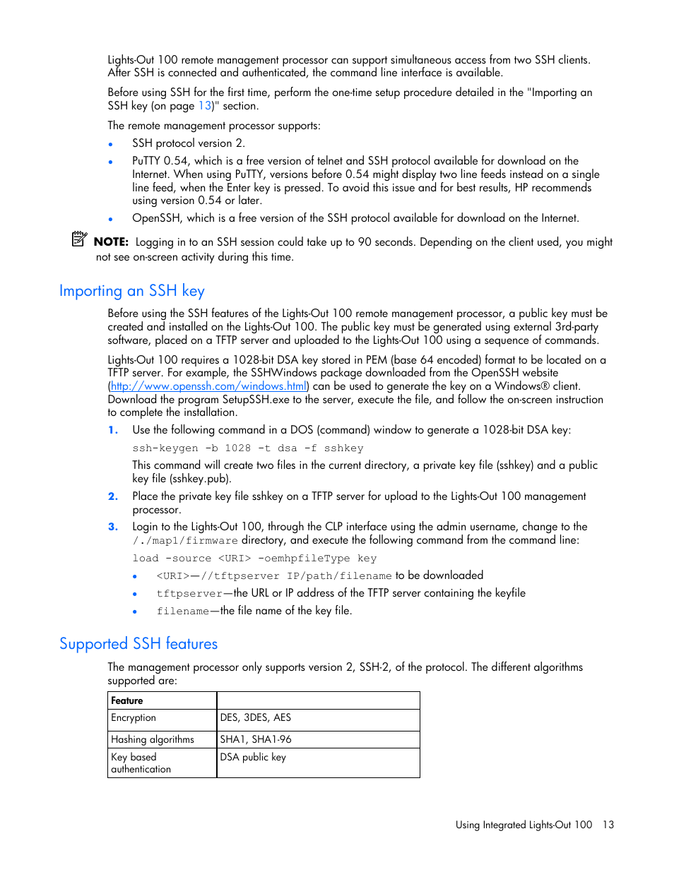 Importing an ssh key, Supported ssh features | HP Lights-Out 100 Remote Management User Manual | Page 13 / 34