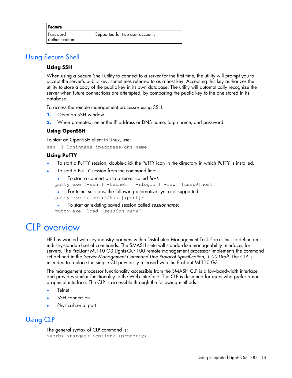 Using secure shell, Clp overview, Using clp | HP Lights-Out 100 Remote Management User Manual | Page 14 / 34