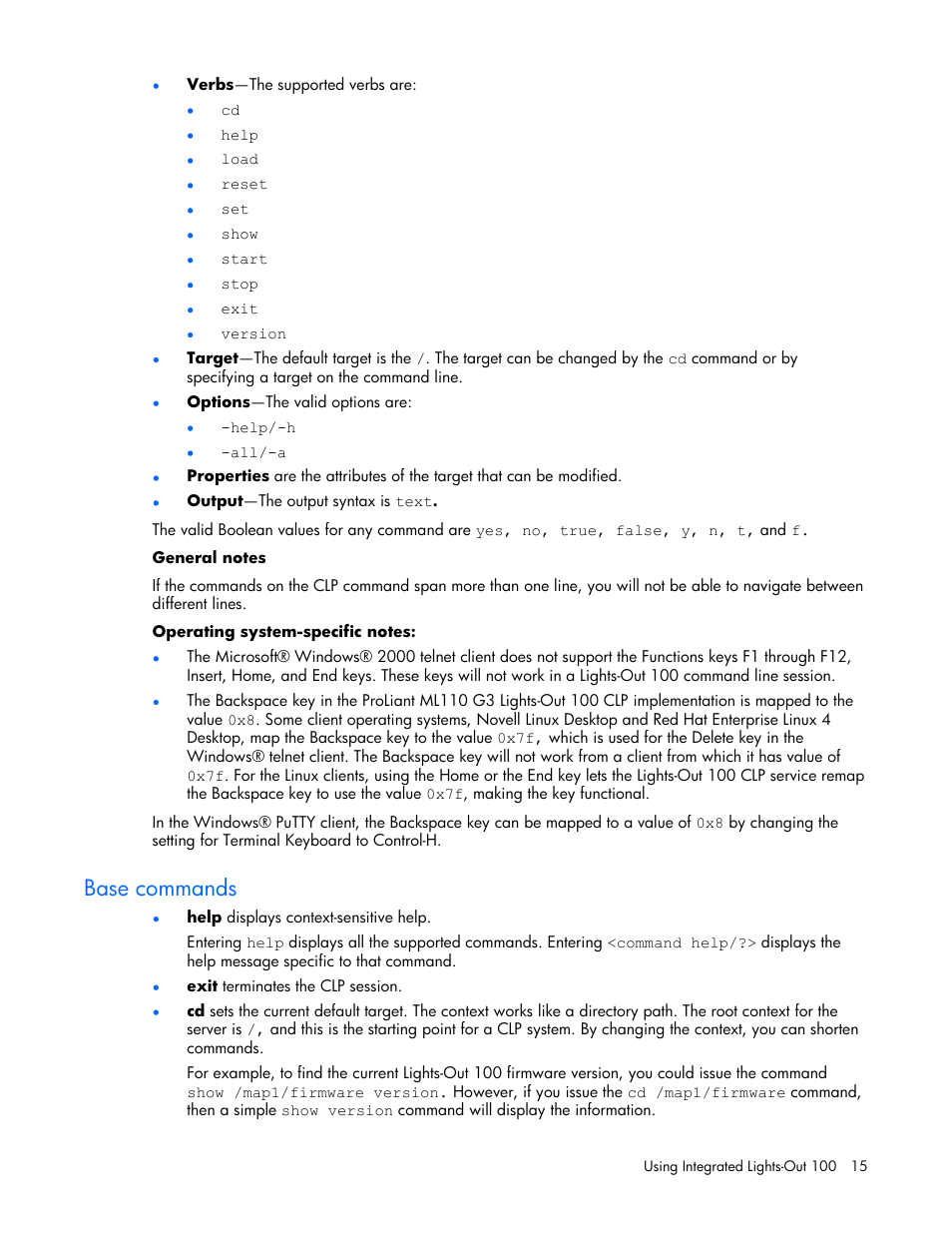 Base commands | HP Lights-Out 100 Remote Management User Manual | Page 15 / 34