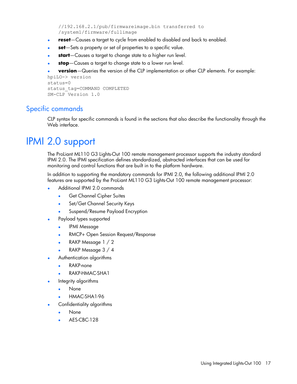 Specific commands, Ipmi 2.0 support | HP Lights-Out 100 Remote Management User Manual | Page 17 / 34