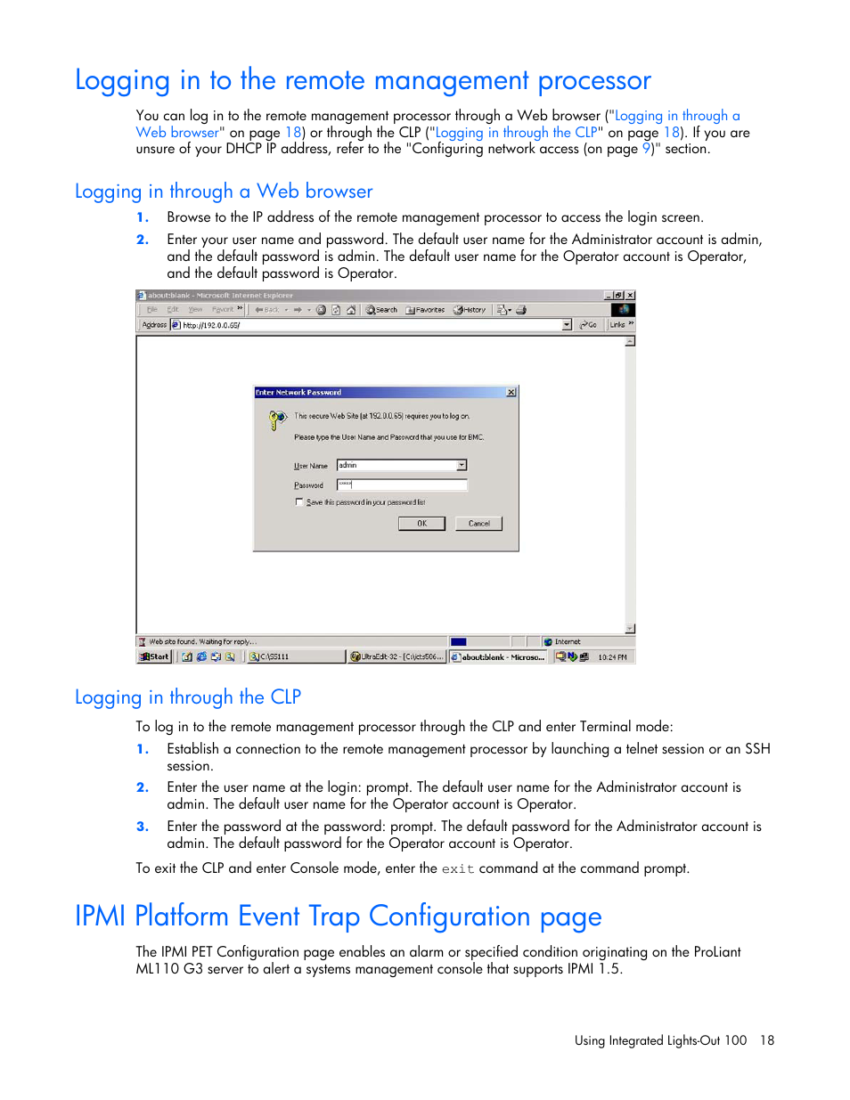 Logging in to the remote management processor, Logging in through a web browser, Logging in through the clp | Ipmi platform event trap configuration page | HP Lights-Out 100 Remote Management User Manual | Page 18 / 34