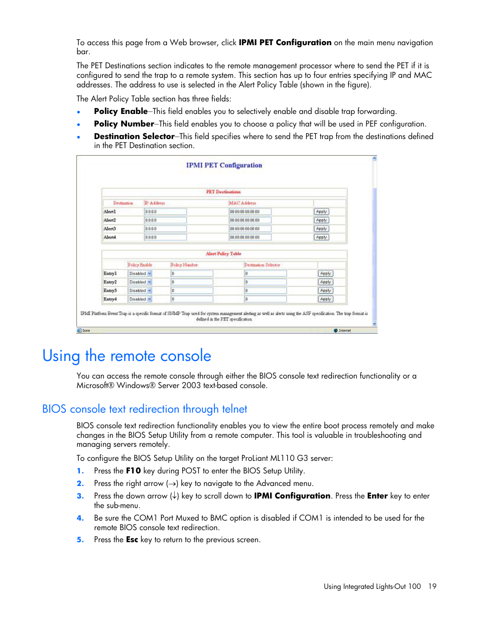 Using the remote console, Bios console text redirection through telnet | HP Lights-Out 100 Remote Management User Manual | Page 19 / 34