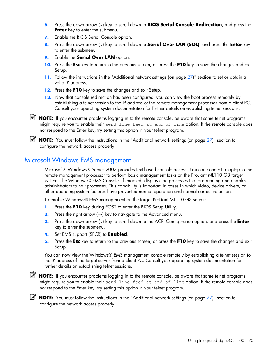 Microsoft windows ems management | HP Lights-Out 100 Remote Management User Manual | Page 20 / 34