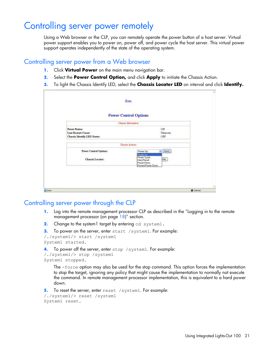 Controlling server power remotely, Controlling server power from a web browser, Controlling server power through the clp | HP Lights-Out 100 Remote Management User Manual | Page 21 / 34