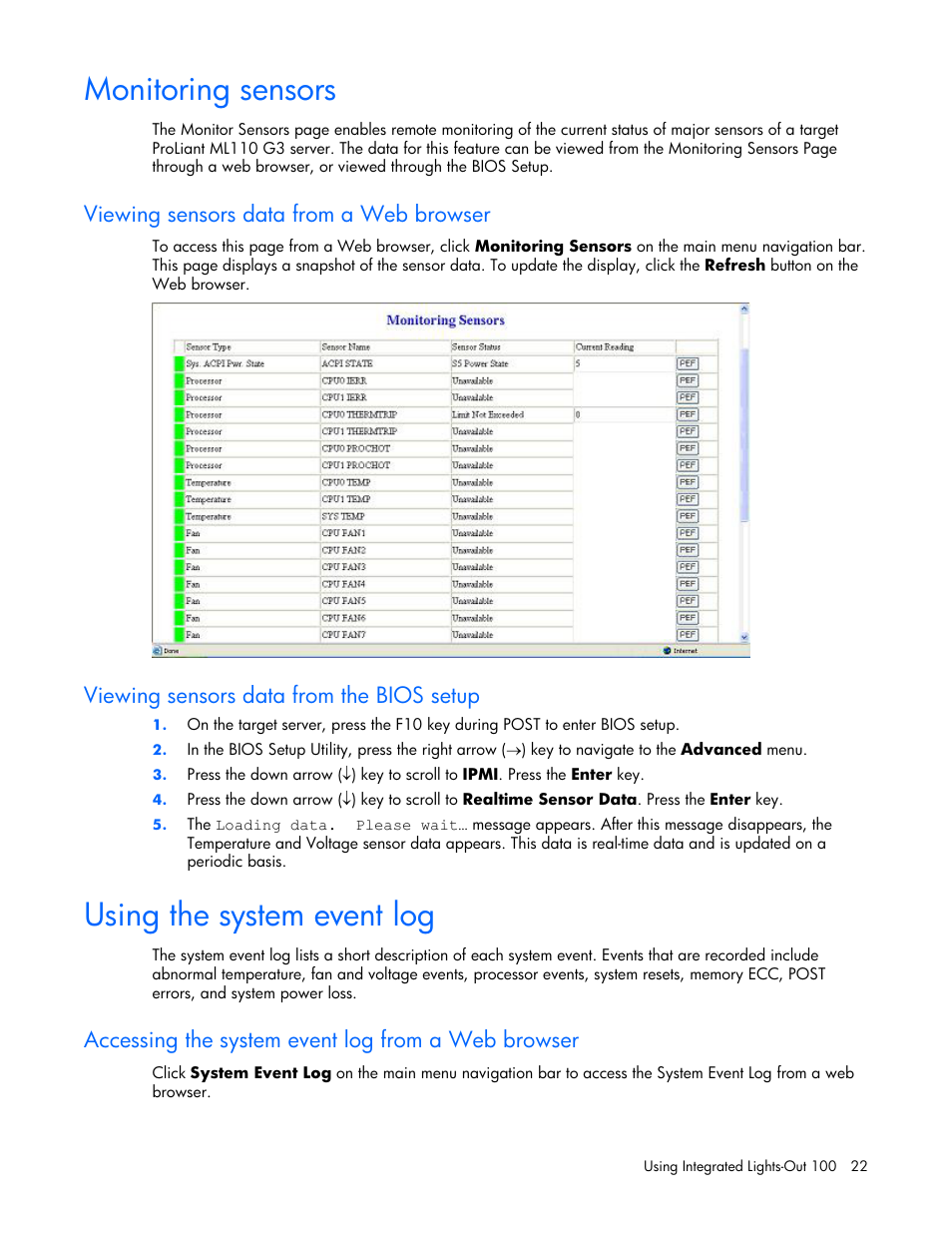 Monitoring sensors, Viewing sensors data from a web browser, Viewing sensors data from the bios setup | Using the system event log, Accessing the system event log from a web browser, 22 using the system event log | HP Lights-Out 100 Remote Management User Manual | Page 22 / 34