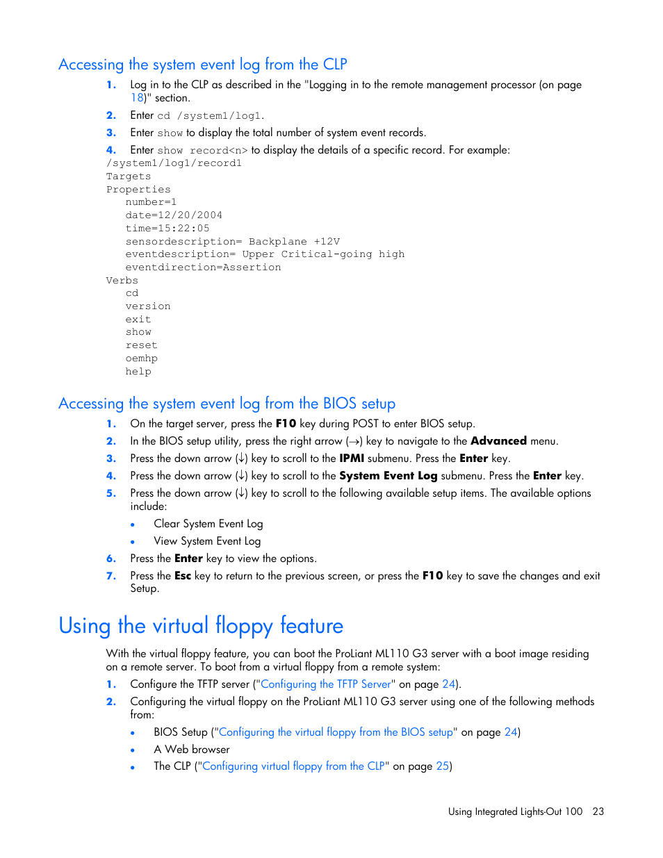 Accessing the system event log from the clp, Accessing the system event log from the bios setup, Using the virtual floppy feature | HP Lights-Out 100 Remote Management User Manual | Page 23 / 34