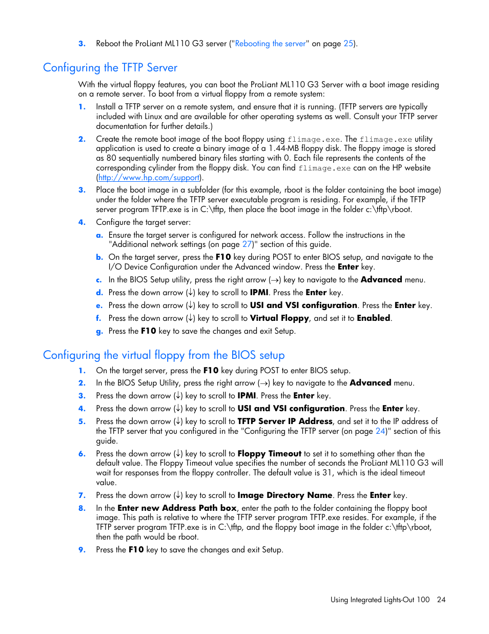 Configuring the tftp server, Configuring the virtual floppy from the bios setup | HP Lights-Out 100 Remote Management User Manual | Page 24 / 34