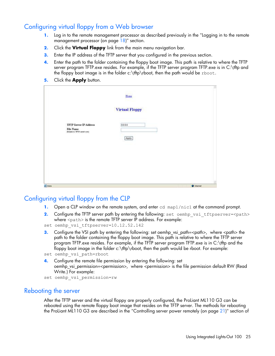 Configuring virtual floppy from a web browser, Configuring virtual floppy from the clp, Rebooting the server | On p | HP Lights-Out 100 Remote Management User Manual | Page 25 / 34